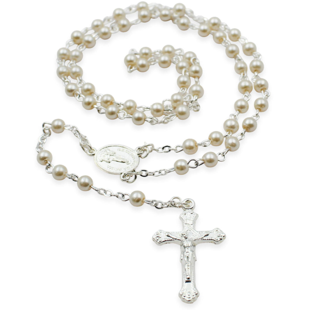 Our Lady of Fatima Rosary – 4mm Pearl Beads with Silver Tone Crucifix and Fatima Medallion