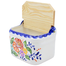 Load image into Gallery viewer, Hand-Painted Portuguese Floral Terracotta Salt Holder with Wooden Lid – Artisan Crafted

