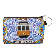 Load image into Gallery viewer, Traditional Portugal Tile Azulejo Yellow Tram Zippered Coin Holder with Key Ring
