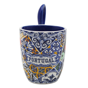 Portuguese Rooster Sardine Azulejo Patterned Ceramic Espresso Set with Stirring Spoon and Gift Box