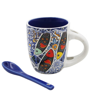 Portuguese Rooster Sardine Azulejo Patterned Ceramic Espresso Set with Stirring Spoon and Gift Box