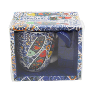 Portuguese Rooster Sardine Azulejo Patterned Ceramic Espresso Set with Stirring Spoon and Gift Box