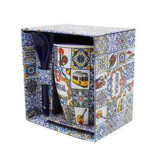 Traditional Portugal Icons Themed Ceramic Coffee Mug with Spoon and Gift Box