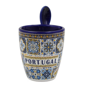 Portuguese Rooster Sardine Azulejo Patterned Ceramic Espresso Set with Stirring Spoon and Gift Box