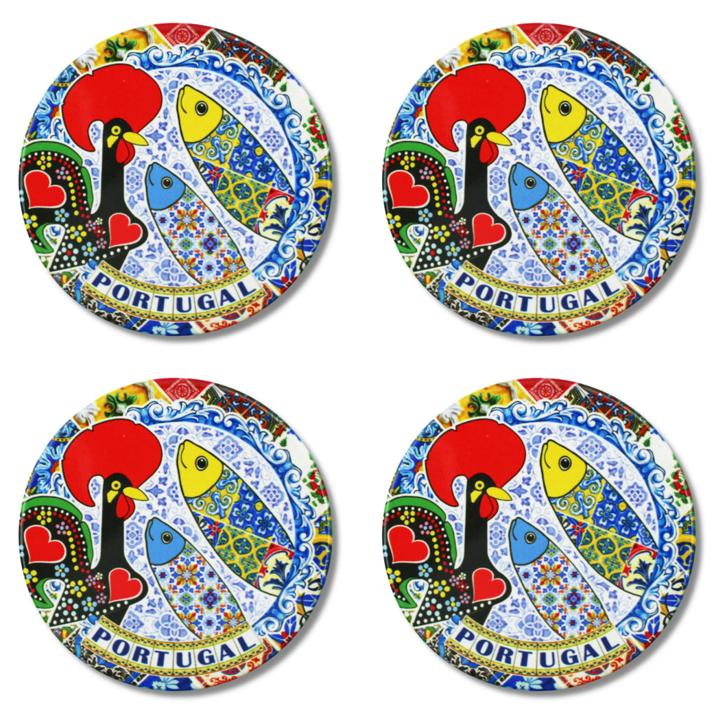 Set of 4 Ceramic Coasters with Cork Backing – Traditional Portuguese Imagery, Azulejo Background, Rooster & Sardine Design