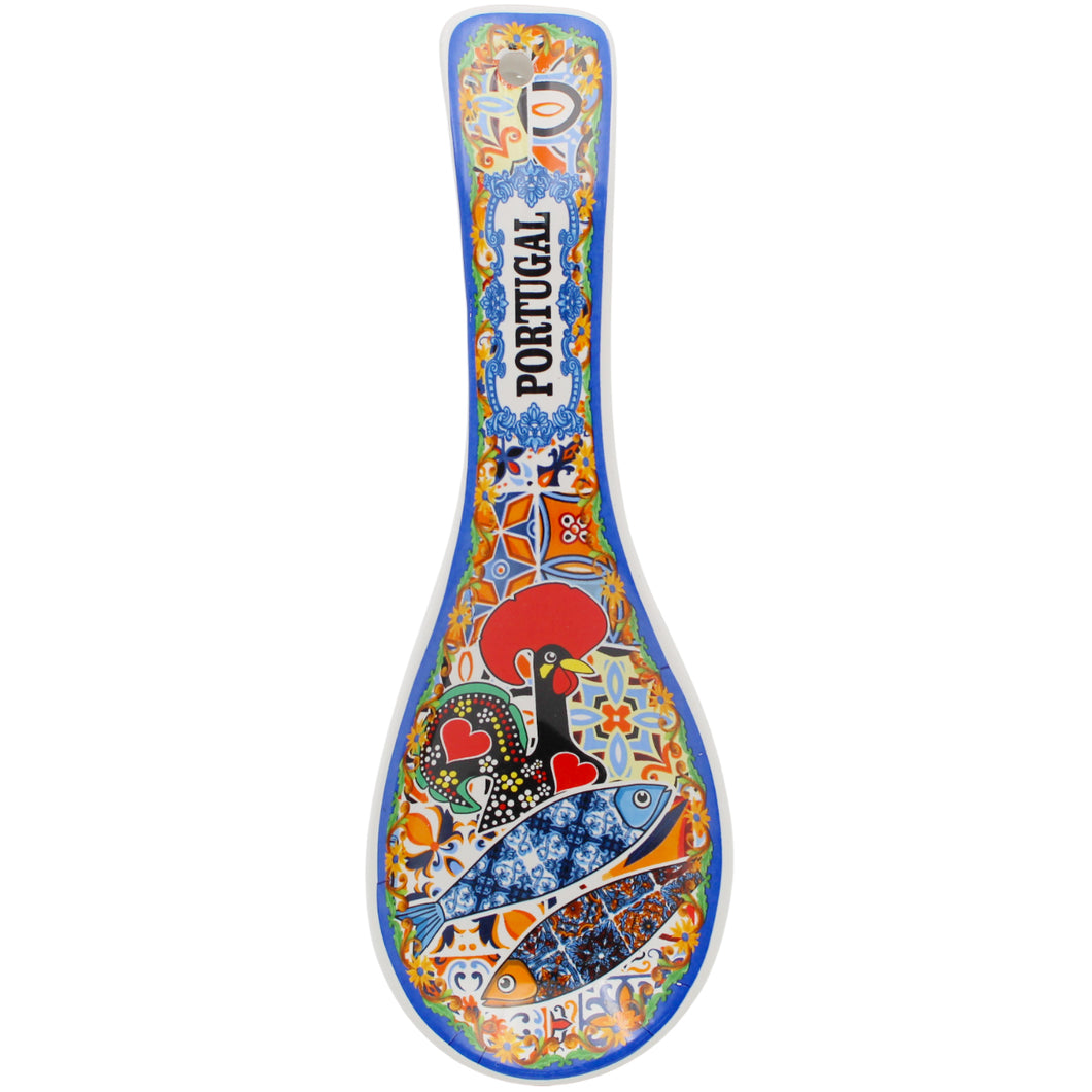 Portuguese Ceramic Spoon Rest – Colorful Rooster and Sardine Design