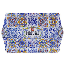 Load image into Gallery viewer, Small Portugal Metal Serving Tray – Colorful Azulejo Tile Design with Side Handles
