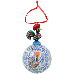 Portuguese Barcelos Rooster Hanging Ornament with Blue Tile Pattern and Red Ribbon