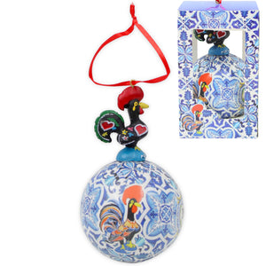 Portuguese Barcelos Rooster Hanging Ornament with Blue Tile Pattern and Red Ribbon
