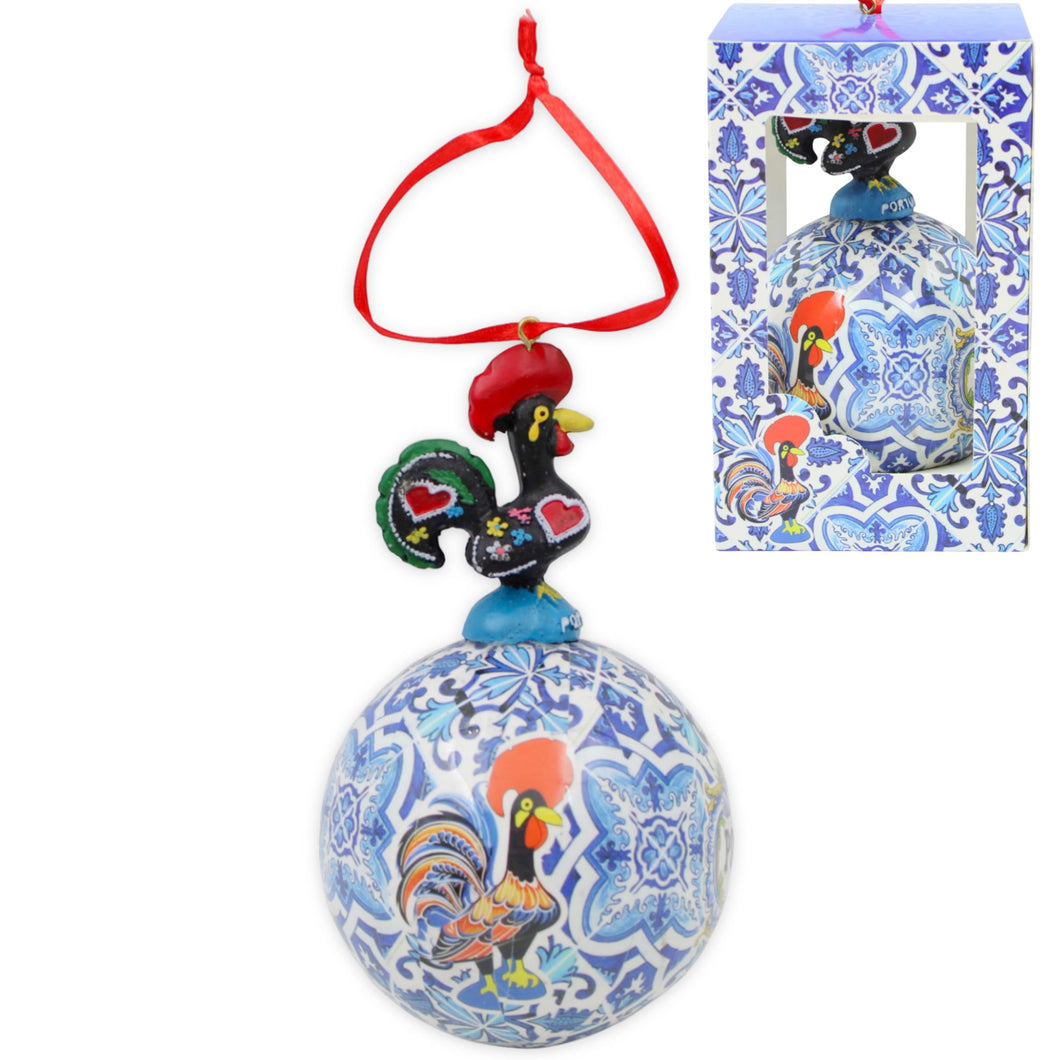 Portuguese Barcelos Rooster Hanging Ornament with Blue Tile Pattern and Red Ribbon