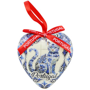 Heart-Shaped Portugal Ornament with Blue Cat Azulejo Tile Design and Red Ribbon