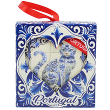 Load image into Gallery viewer, Heart-Shaped Portugal Ornament with Blue Cat Azulejo Tile Design and Red Ribbon
