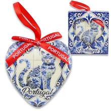 Load image into Gallery viewer, Heart-Shaped Portugal Ornament with Blue Cat Azulejo Tile Design and Red Ribbon
