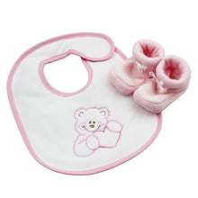 Load image into Gallery viewer, Portuguese Pink Baby Velcro Closure Bib and Booties with Bow Set
