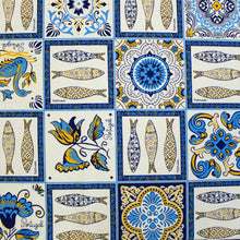 Load image into Gallery viewer, 100% Cotton Tablecloth with Portuguese Blue &amp; Yellow Azulejo Pattern – Decorative Sardine and Floral Designs
