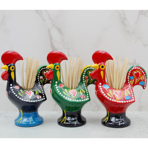 Traditional Hand-Painted Portuguese Good Luck Rooster Metal Toothpick Holder, 3.25"