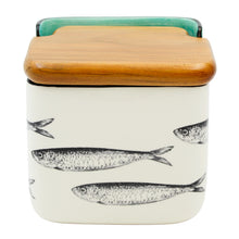 Load image into Gallery viewer, Portuguese Ceramic Salt Holder with Sardine Design and Wooden Lid
