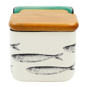 Portuguese Ceramic Salt Holder with Sardine Design and Wooden Lid
