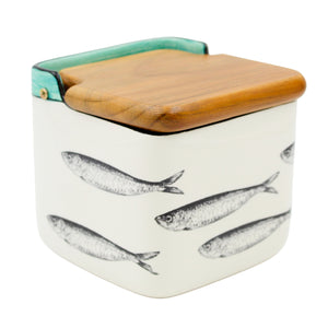 Portuguese Ceramic Salt Holder with Sardine Design and Wooden Lid