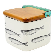 Load image into Gallery viewer, Portuguese Ceramic Salt Holder with Sardine Design and Wooden Lid

