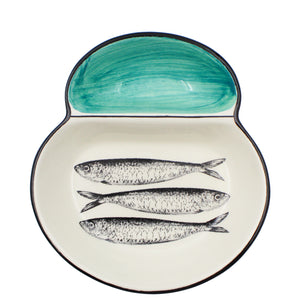 Portuguese Ceramic Olive Dish with Sardine Design and Green Accents