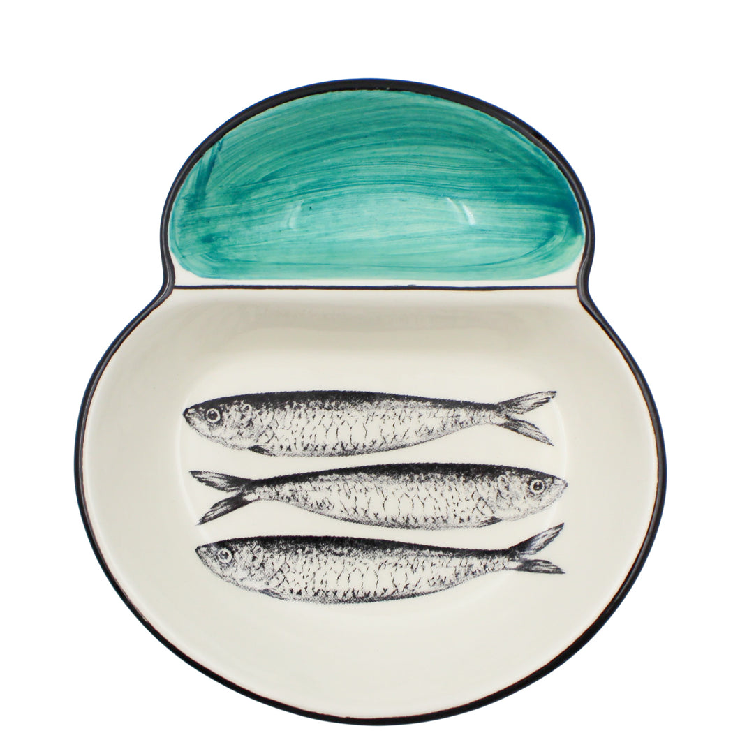 Portuguese Ceramic Olive Dish with Sardine Design and Green Accents