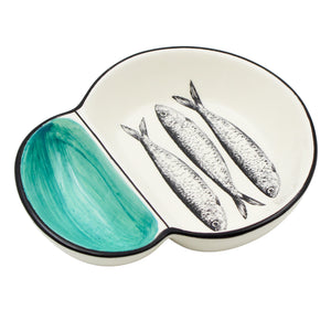 Portuguese Ceramic Olive Dish with Sardine Design and Green Accents