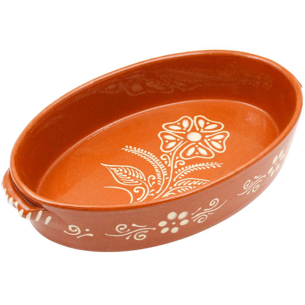 Portuguese Terracotta Oval Roaster – Hand-Painted Clay Baking Dish with Floral Design