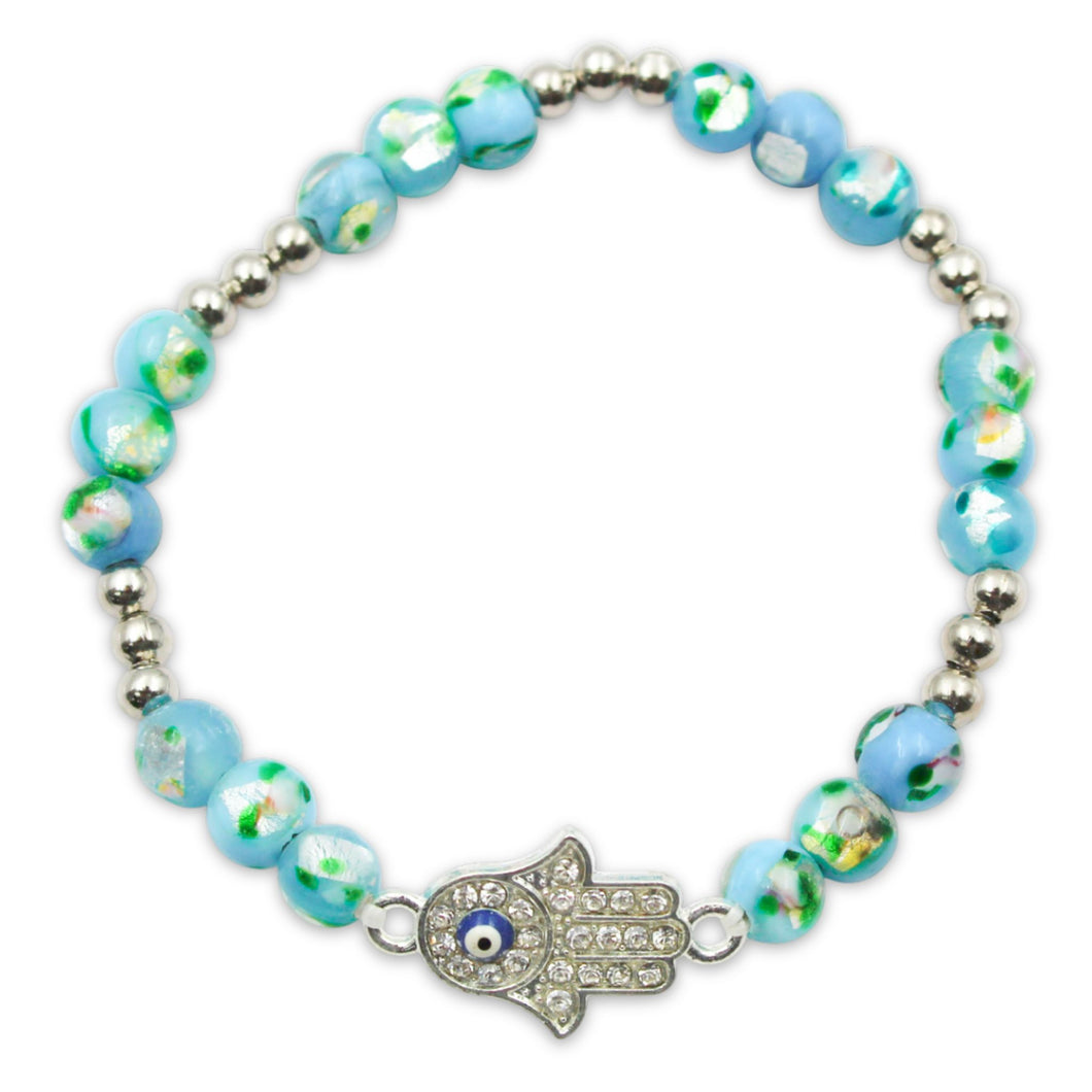 Blue Evil Eye 6mm Glass Bead Stretch Bracelet with Hamsa Hand Charm and Silver Accents