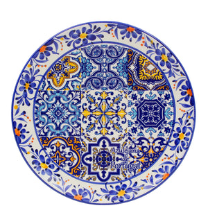 Portuguese Decorative Ceramic Plate – Azulejo Tile Center with Hand-Painted Floral Border, 9.75" Diameter