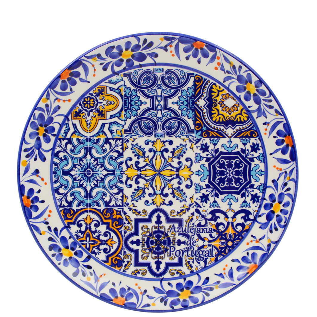 Portuguese Decorative Ceramic Plate – Azulejo Tile Center with Hand-Painted Floral Border, 9.75