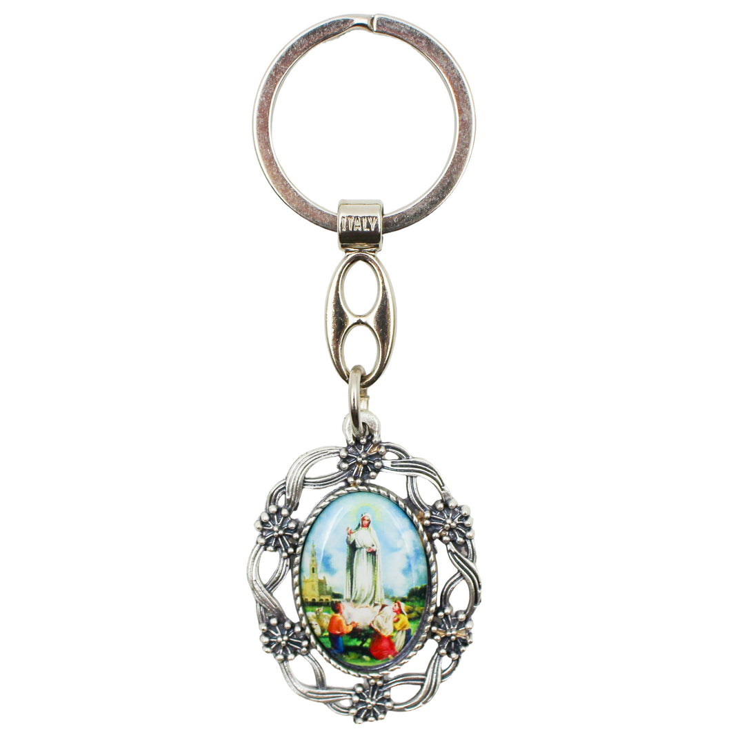 Our Lady of Fatima Oval Keychain with Floral Silver Tone Frame