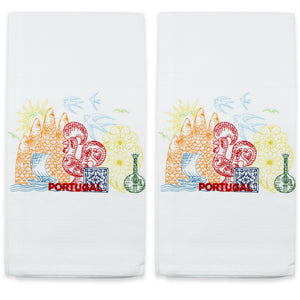Set of 2 Portuguese Icons Embroidered Kitchen Towels, Decorative Dish Towels