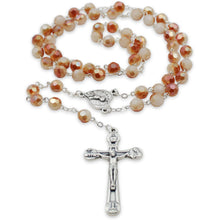 Load image into Gallery viewer, Our Lady of Fatima Rosary – 8mm Iridescent Amber Faceted Crystal Beads with Silver Tone Crucifix and Fatima Medallion
