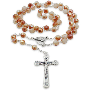 Our Lady of Fatima Rosary – 8mm Iridescent Amber Faceted Crystal Beads with Silver Tone Crucifix and Fatima Medallion