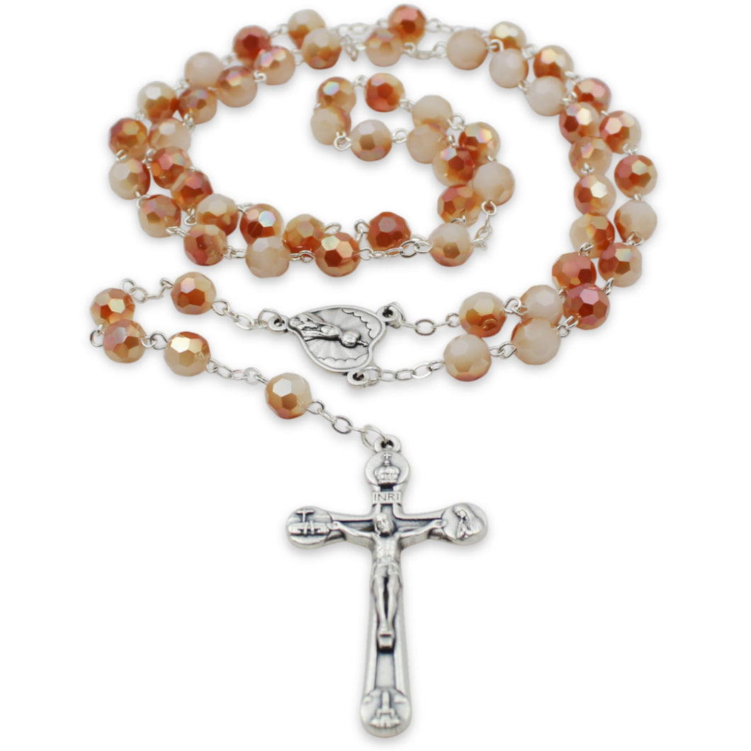 Our Lady of Fatima Rosary – 8mm Iridescent Amber Faceted Crystal Beads with Silver Tone Crucifix and Fatima Medallion