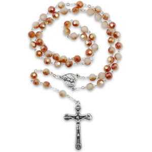 Our Lady of Fatima Rosary – 8mm Iridescent Amber Faceted Crystal Beads with Silver Tone Crucifix and Fatima Medallion