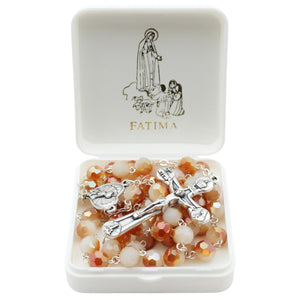 Our Lady of Fatima Rosary – 8mm Iridescent Amber Faceted Crystal Beads with Silver Tone Crucifix and Fatima Medallion