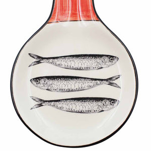 Portuguese Ceramic Spoon Rest with Sardine Design - Red Handle