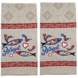 Traditional Portuguese Sardine Red & Beige Cotton Kitchen Dish Towel, Set of 2