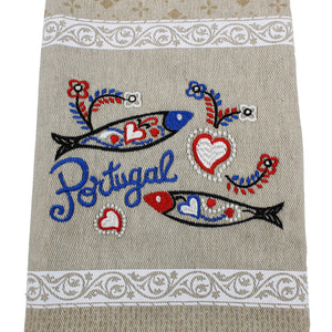 Traditional Portuguese Sardine White & Beige Cotton Kitchen Dish Towel, Set of 2