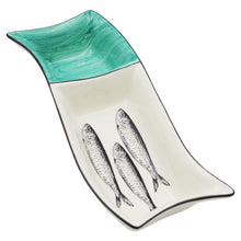 Load image into Gallery viewer, Portuguese Ceramic Divided Serving Dish with Sardine Design and Green Accent
