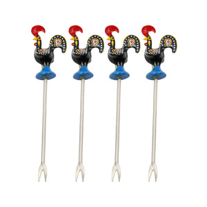 Traditional Hand-Painted Portuguese Good Luck Rooster with Appetizer Tapas Forks
