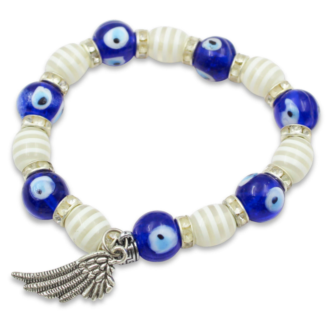 Blue Evil Eye & White Striped 8mm Glass Bead Stretch Bracelet with Angel Wing Charm