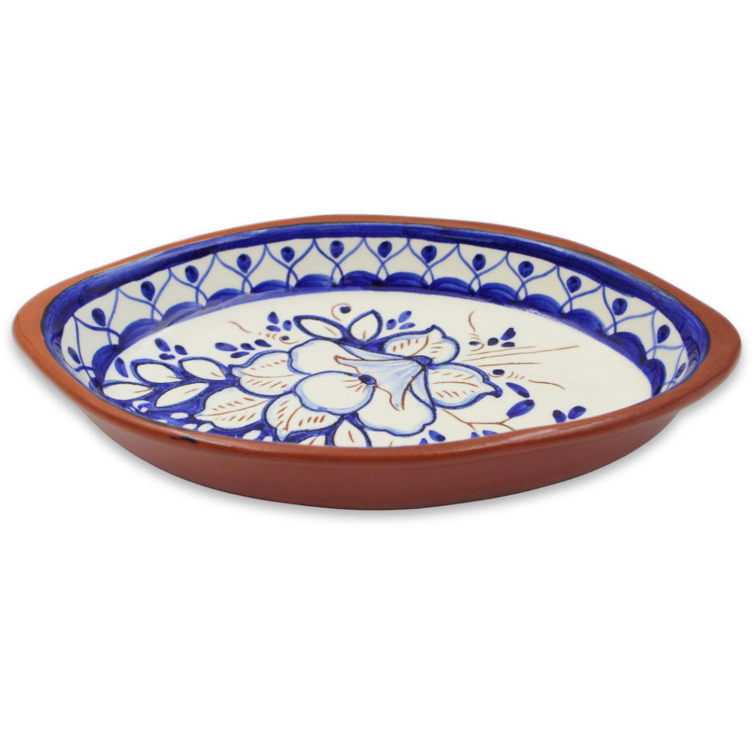 Hand-Painted Portuguese Terracotta Platter – Blue Floral Design