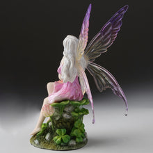 Load image into Gallery viewer, Pink Fairy and the Clovers Figurine – Seated Fairy Statue with Yellow Flower and Purple Wings
