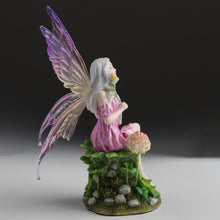 Load image into Gallery viewer, Pink Fairy and the Clovers Figurine – Seated Fairy Statue with Yellow Flower and Purple Wings
