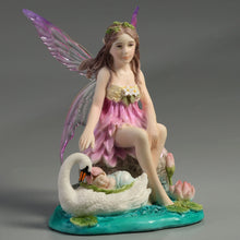 Load image into Gallery viewer, Lotus Fairy with Baby and Swan Figurine – Pink Fairy Statue on Water Scene
