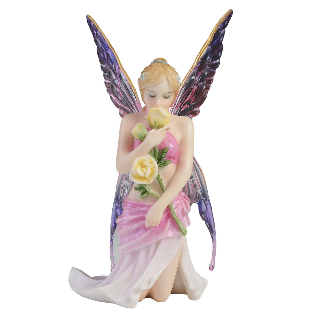 Kneeling Fairy Figurine with Yellow Rose – Pink and Purple Winged Fairy Statue