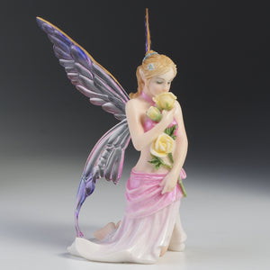 Kneeling Fairy Figurine with Yellow Rose – Pink and Purple Winged Fairy Statue